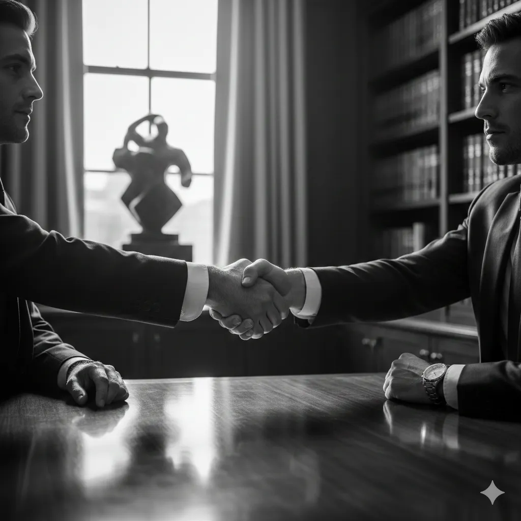 Doi profesioniști dând mâna după un acord de mediere